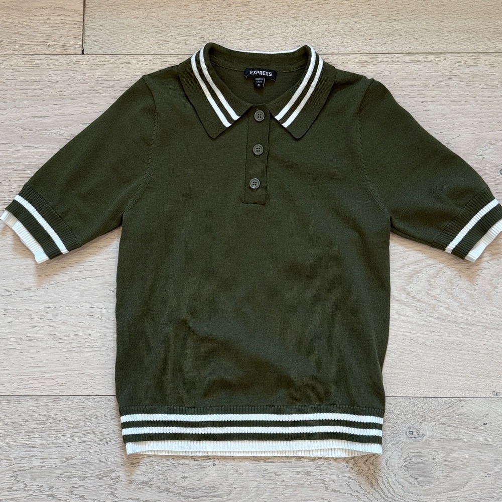 Express Tipped Short Sleeve Polo Sweater in Olive Green Size Small